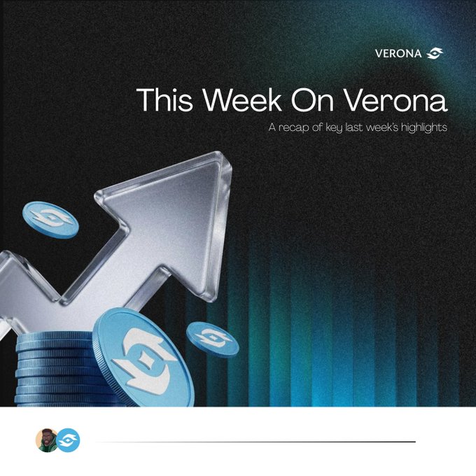 A promotional graphic titled 'This Week On Verona' with a subtitle 'A recap of key last week's highlights,' featuring a metallic arrow and stacks of coins against a dark background.