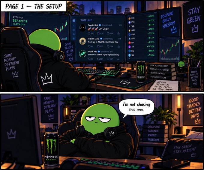 Two-panel comic titled 'PAGE 1 — THE SETUP' featuring a green Pepe-like character at a crypto trading desk with multiple monitors showing BTC at $67,420.13 (+5.23%), a Monster Energy can, and motivational text including 'DISCIPLINE BUILDS FREEDOM' and 'STAY GREEN.'