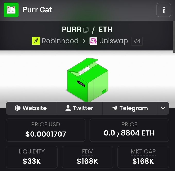 A cryptocurrency tracking page for "Purr Cat" (PURR/ETH), showing a price of $0.0001707 USD, a market cap of $168K, and liquidity of $33K, with a green box illustration.