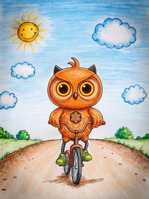 A whimsical illustration of an orange owl riding a bicycle down a dirt path under a sunny blue sky with clouds.