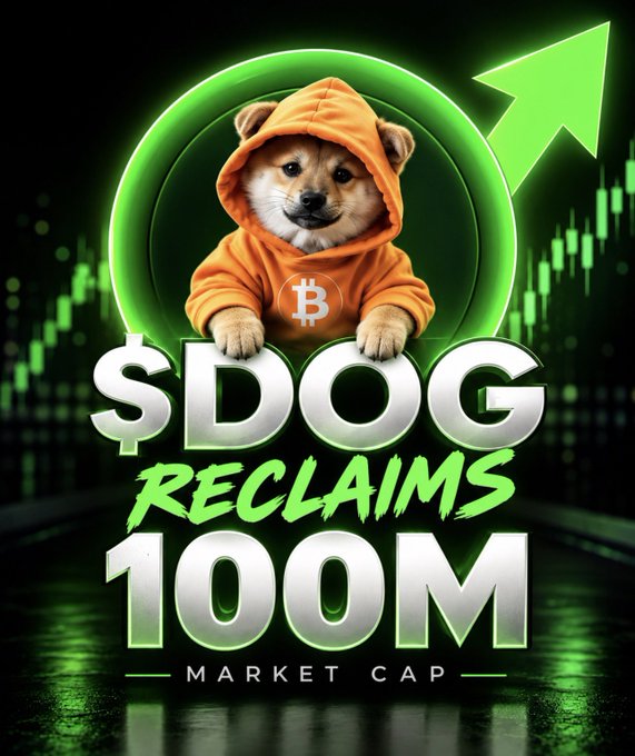 A promotional cryptocurrency graphic featuring a Shiba Inu dog wearing an orange Bitcoin hoodie, with text reading '$DOG RECLAIMS 100M MARKET CAP' against a green background with candlestick charts and an upward arrow.