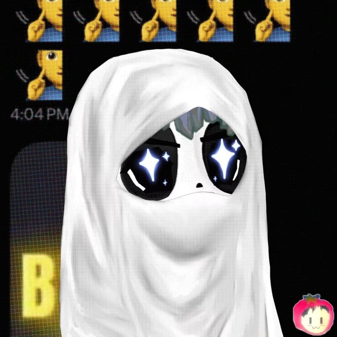 A ghost-like figure in a white sheet with large starry anime-style eyes, accompanied by small pixelated character sprites at the top of the frame.