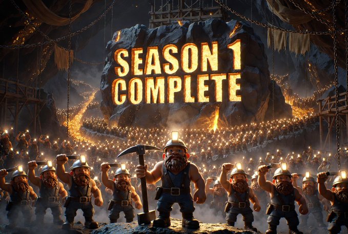 A triumphant display of cartoon miners with pickaxes gather before a glowing "SEASON 1 COMPLETE" rock, celebrating the milestone achievement of surpassing 1,000 players in BOMB Miner. The fiery mining scene and crowd of bearded diggers visually capture the excitement of closing out the game's successful first season.
