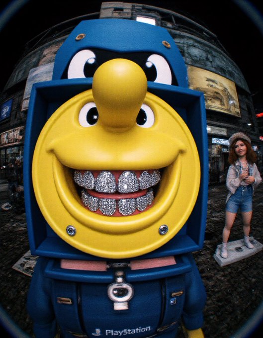 A fisheye photograph of a yellow character mascot with diamond-encrusted teeth and a blue hooded outfit with 'PlayStation' branding, standing next to a figurine of a woman in a denim outfit, set against a backdrop of billboards and a nighttime city scene.