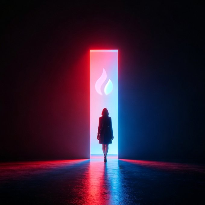 A silhouette of a woman walking through a doorway illuminated with pink and blue neon light, with a flame logo projected on the door, casting colorful reflections on the floor.