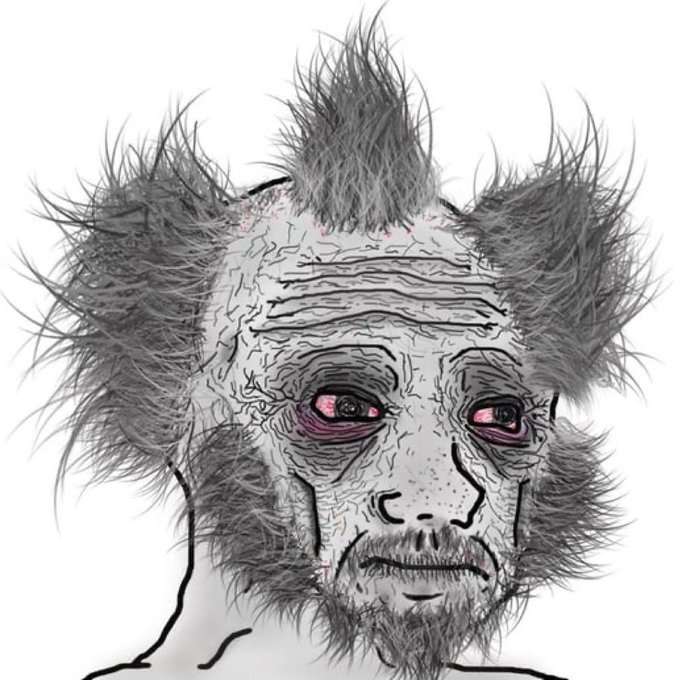 Disturbing black and white sketch illustration of a gaunt, wild-haired figure with bloodshot eyes, wrinkled skin, and a thin beard.