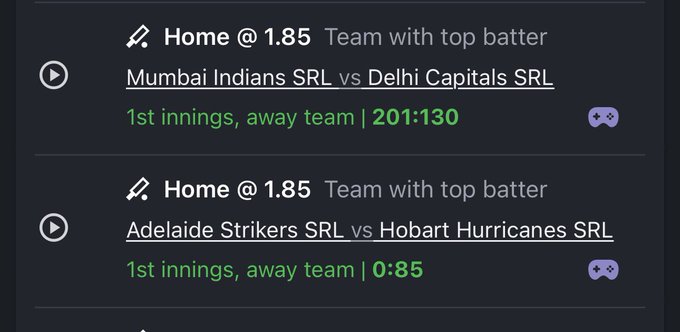 The image shows a betting slip with two cricket matches, both featuring "Home @ 1.85 Team with top batter" predictions: Mumbai Indians SRL vs Delhi Capitals SRL (1st innings, away team | 201:130) and Adelaide Strikers SRL vs Hobart Hurricanes SRL (1st innings, away team | 0:85). The results appear almost immediately after the 1st innings, as both matches already display final scores, suggesting the bets are settled quickly once the first innings concludes.
