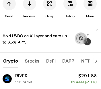 A mobile app interface screenshot showing Bitget Wallet features (Send, Receive, Swap, History, More), a promotion to hold USDG on X Layer for up to 3.5% APY, and a crypto price ticker showing RIVER at $291.86 (+1.1%).