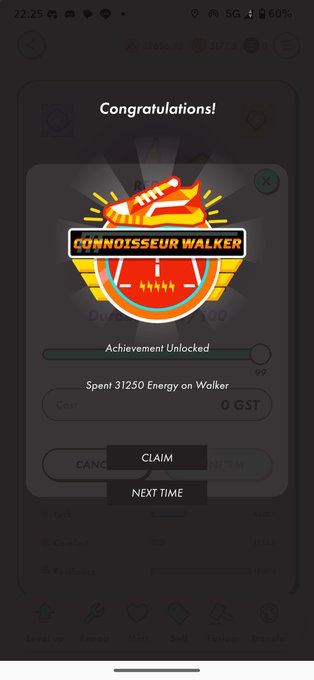 A mobile app screen shows a 'Congratulations!' popup for unlocking the 'CONNOISSEUR WALKER' achievement after spending 31250 Energy on Walker, with options to Claim or Next Time.