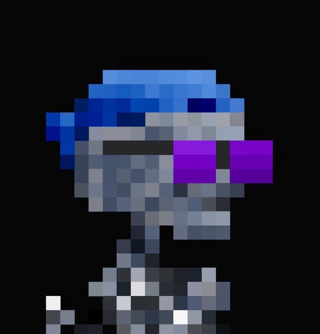 A small pixel art image showing a gray character wearing a blue cap and purple sunglasses against a black background.
