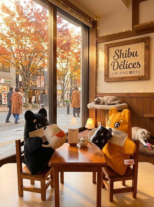 A photo of a cafe display window featuring two cat figures in human clothing seated at a small wooden table, with a sign reading 'Shibu Délices' on the wall behind them.