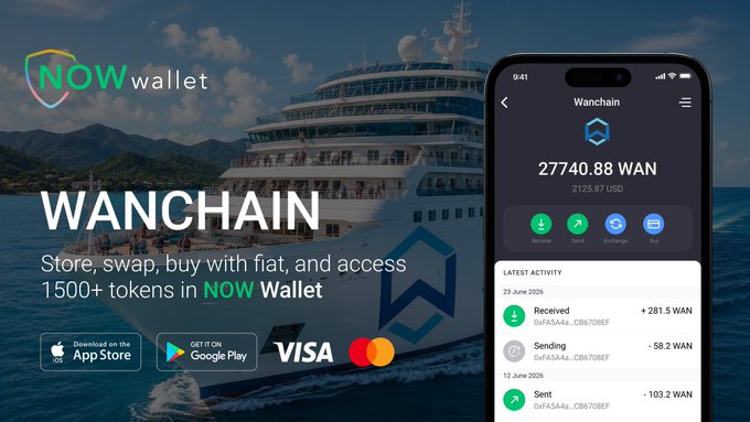 An advertisement for NOW Wallet promoting Wanchain (WAN), showing a cruise ship, the text 'Store, swap, buy with fiat, and access 1500+ tokens in NOW Wallet,' and a phone screen displaying 27740.88 WAN.