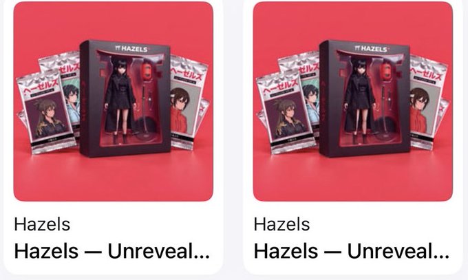 Two side-by-side product-card images display red-backed “Hazels” anime figure packaging, each labeled “Hazels — Unveal...” beneath the image.