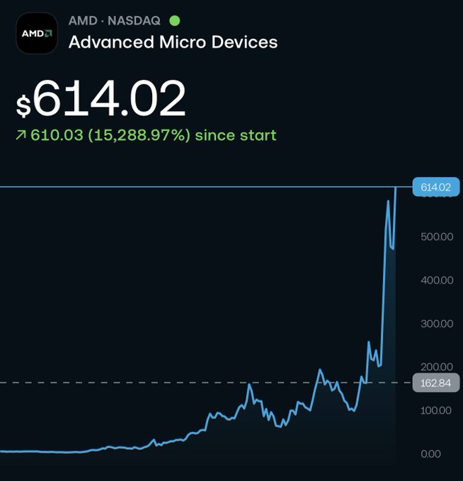 The image shows an AMD (NASDAQ) stock chart displaying a price of $614.02, with a notable increase of 15,288.97% since start, and a dashed reference line at the $162.84 level marking the user's average entry price—reflecting the poster's comfort at their current 2.5x gain on the investment.