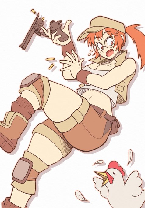 An animated illustration shows Fio Germi, the orange-haired medic from the Metal Slug series, in mid-action firing a pistol while falling backward, with bullets flying from the chamber and a startled chicken at her feet—capturing the chaotic humor the franchise is known for.