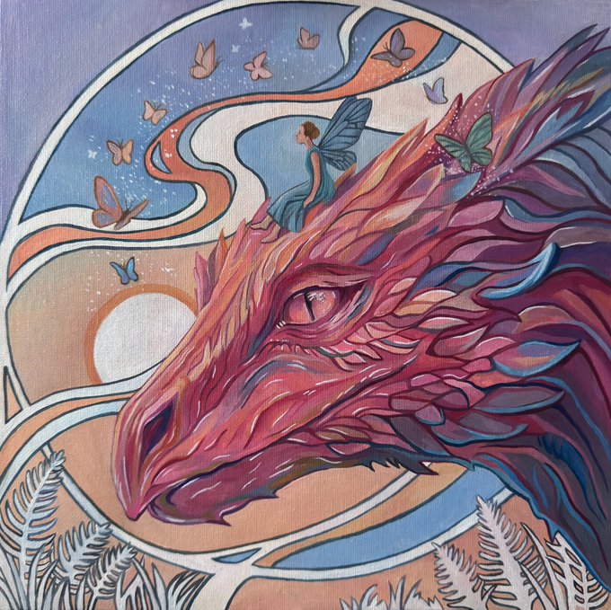 A vibrant painting depicts a fairy with butterfly wings sitting atop a large, stylized red dragon head, surrounded by butterflies and celestial elements.