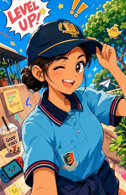 Anime-style artwork of a cheerful girl in a blue polo and navy cap, with a 'LEVEL UP!' speech bubble, 'DREAM PLAN DO REPEAT' sticky note, boba tea, and chibi gaming accessories.