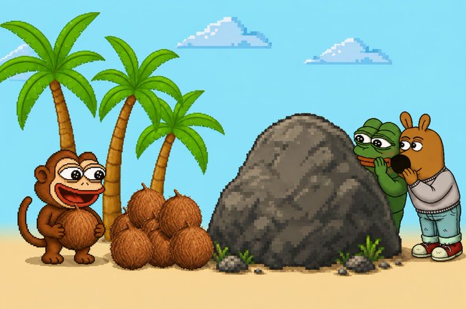 A pixel-art beach scene features a smiling monkey holding a coconut next to a pile of coconuts, while a frog and a bear wearing a shirt hide behind a rock.