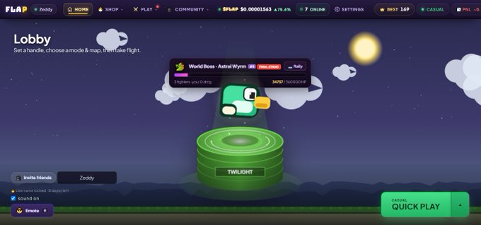 FLAP game lobby screen showing a green character standing on a 'TWILIGHT' platform with 7 online players and a 'WorldBoss - AstraWyrm' event active.