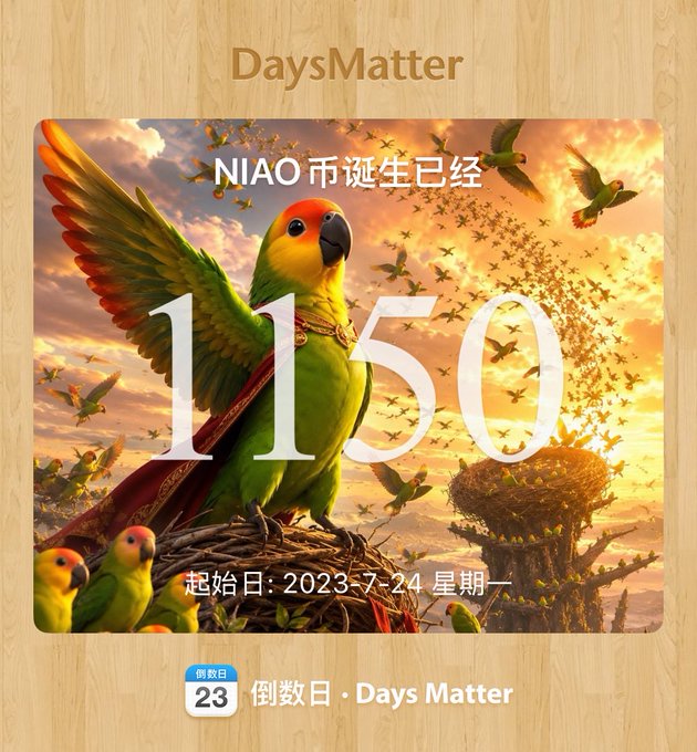 A 'DaysMatter' countdown screen displays '1150' days since 'NIAO' was born, with a start date of 2023-7-24 Monday, featuring an illustration of a colorful parrot on a nest.