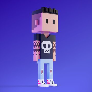 A pixelated voxel-style character with a skull graphic on its black shirt and pink tattoos stands against a purple background, representing a Meebits NFT collectible acquired to celebrate "winning" one and support the MeebitsNFTs team on Full View Friday.