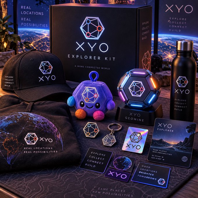 An 'XYO EXPLORER KIT' promotional display features a black box, a cap, a t-shirt, a plush toy, a glowing 'GEOMINE' device, stickers, and a stainless steel bottle, all with XYO branding and the tagline 'REAL LOCATIONS, REAL POSSIBILITIES'.