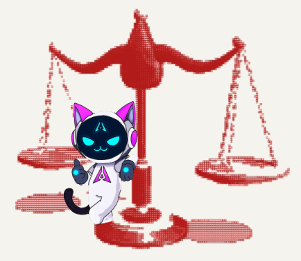 A pixel art style illustration shows a small white robotic cat character with pink ears and a visor standing in front of a red scale of justice symbol on a white background.
