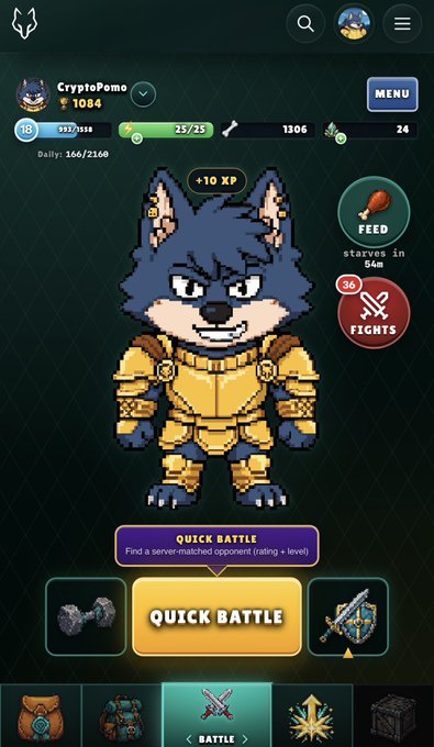 The image shows an overview of a game called Wolfage, which is a mobile app designed for players to train their characters by completing various tasks and challenges within the game world. The main character displayed in the image is a wolf with a yellow outfit, standing against a dark background. The game's interface features a menu bar at the top displaying options such as "Quick Battle", "Hatch Your Pup Train", "New battle mechanics & progression systems are starting to expand". There are also several items on display within the app, including a sword and shield, which can be used by players during their training sessions. The overall atmosphere of the game seems engaging and interactive, with a focus on player engagement and skill development.