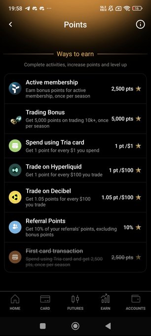 The image shows a cell phone screen with a list of options displayed, likely related to the trading app Tria. The main focus of the image is the section for the Tria trading app, which includes information about how to earn points on the app and what activities can increase points. Below this information, there are options available that users might be interested in exploring to increase their points. One such option reads "Referential Points". The overall context suggests an educational or tutorial-like display of features and benefits within the Tria app for potential users to review before trying it out themselves.