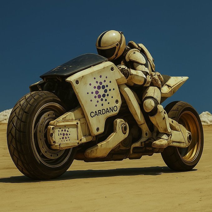 A futuristic white motorcycle with 'CARDANO' branding rides across a desert landscape, ridden by an astronaut-like figure in a white helmet and armor.