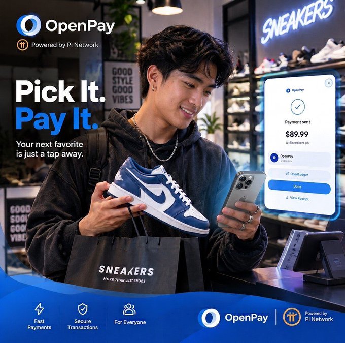 A young man smiles while examining a blue and white Nike sneaker in a "SNEAKERS" store, holding a phone displaying an OpenPay payment confirmation of $89.99 sent to @sneakers.ph. The ad promotes OpenPay's fast, secure tap-to-pay service powered by Pi Network, illustrating the tagline "Pick It. Pay It."