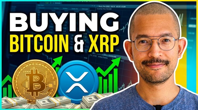 A YouTube thumbnail features a man with glasses and a mustache alongside text reading 'BUYING BITCOIN & XRP' with logos of Bitcoin and XRP coins above stacks of cash.