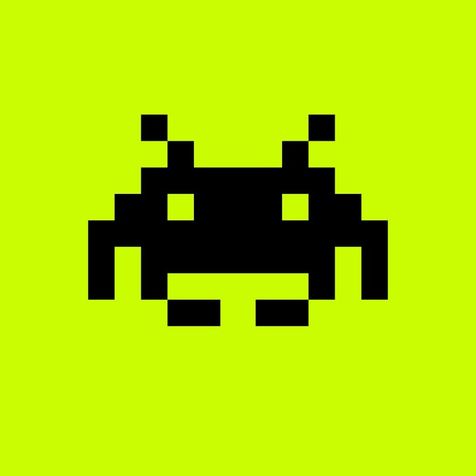 A pixel-art style Space Invaders alien character in black, displayed on a bright lime-green background.