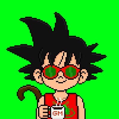 A pixel-art style illustration of a character resembling young Goku with spiky black hair and red sunglasses, holding a cup labeled 'GM' against a green screen background.