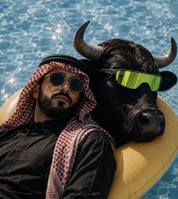 A digitally created image of a man in traditional Arab attire with a checkered keffiyeh and sunglasses, reclining in a pool floatie next to a black bull wearing yellow-green reflective sunglasses.