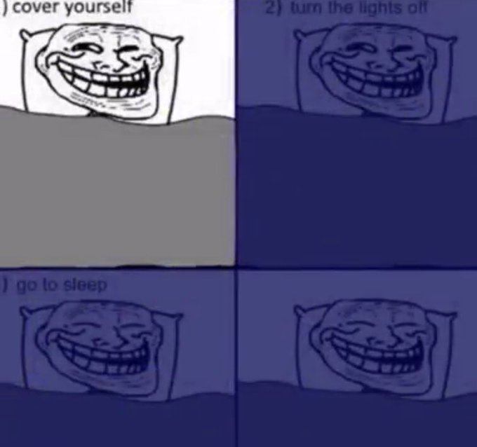 The image is a four-panel meme featuring the "troll face" lying in bed with text instructions: "1) cover yourself," "2) turn the lights off," and "3) go to sleep." It humorously illustrates how $TROLL holders can rest easy, as the meme's peaceful bedtime routine mirrors the carefree sleep investors enjoy due to the token's success.