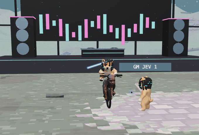 Animated characters, including one on a bicycle, perform on a stage with large speakers and a colorful equalizer display, with a screen reading "GM JEV 1".