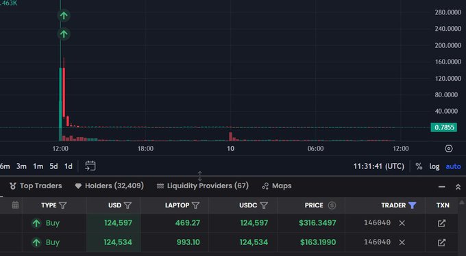 A cryptocurrency DEX trading interface showing a price chart with a sharp vertical spike, top traders information, and liquidity provider data at the bottom.