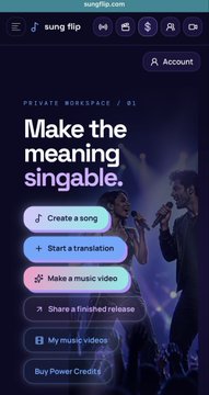 A screenshot of the Suno mobile app interface displaying 'Make the meaning singable.' with options to create songs, start translations, make music videos, and manage releases.