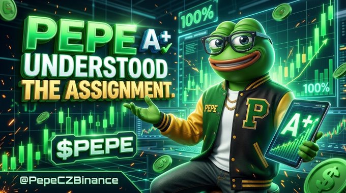 A promotional graphic featuring the Pepe the Frog meme character wearing a varsity jacket and glasses, holding a tablet with an A+ grade. Text reads 'PEPE A+ UNDERSTOOD THE ASSIGNMENT' and '$PEPE', with the handle '@PepeCZBinance' at the bottom.