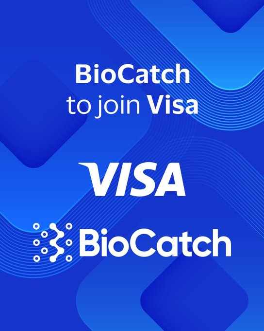 A blue promotional graphic announces 'BioCatch to join Visa' featuring the Visa logo and the BioCatch logo with its dotted fingerprint-style icon.