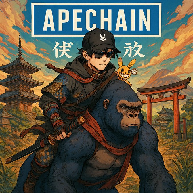 The artwork shows a samurai-style figure wearing sunglasses and a "APE" cap riding a large gorilla, with a small bunny-like creature on its shoulder, set against a backdrop of Japanese pagodas and a torii gate, under the bold text "APECHAIN" flanked by Japanese characters. The image directly promotes the ApeChain project and its doll-themed NFT collection (@DollzOnApe) referenced in the post, visually blending crypto branding with traditional samurai and ape iconography.