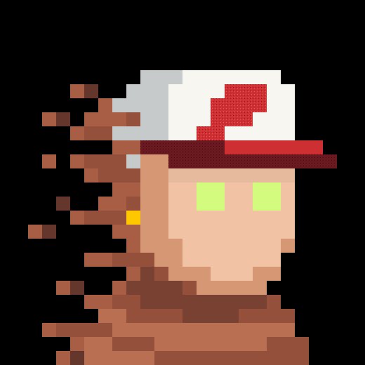 Pixel art portrait of a figure with a red and white cap, glowing green eyes, and a fragmented pixelated body dissolving to the left.