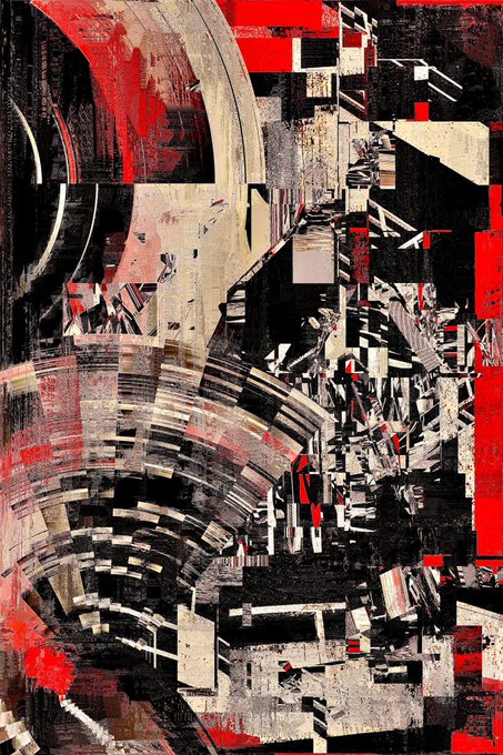 An abstract artwork features chaotic black, white, and red geometric shapes and lines.