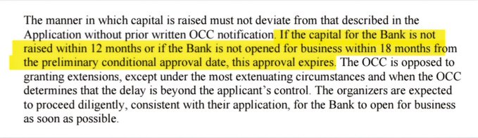 The image shows an OCC (Office of the Comptroller of the Currency) regulatory excerpt stating that if capital for a Bank is not raised within 12 months or the Bank is not opened for business within 18 months from preliminary conditional approval, the approval expires.

This relates to Ripple's National Trust Bank application, where December 2026 would mark the 12-month deadline to raise the required capital as specified in the highlighted OCC condition.