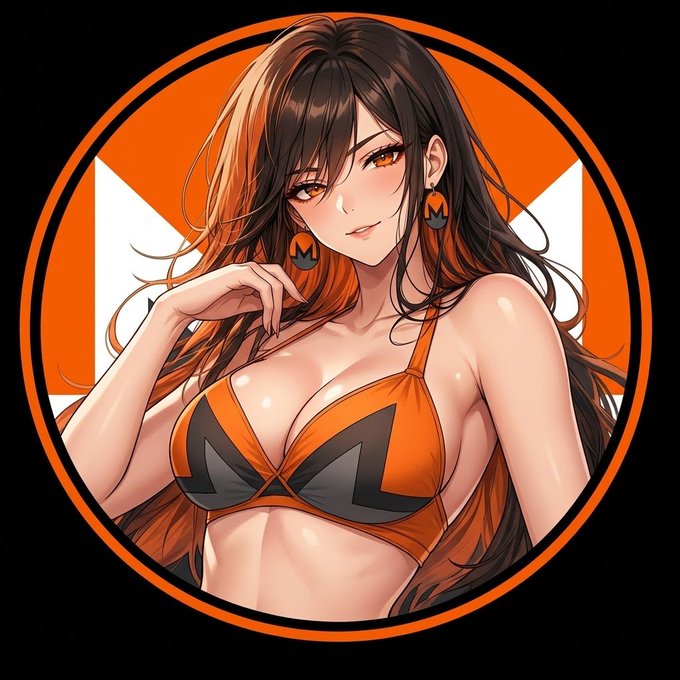 An anime-style illustration depicts a woman with long brown hair wearing an orange and black bikini-like outfit, displayed in front of an orange and white circular logo featuring a fox-like character.