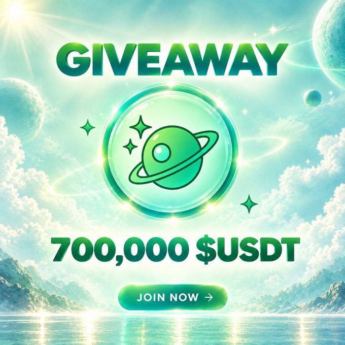 A glowing green planet medallion sits center stage against a celestial backdrop featuring planets, clouds, and mountains, with bold "GIVEAWAY" text above and "700,000 $USDT" below, leading down to a "JOIN NOW →" button—visually reinforcing the PEXRA COIN USDT giveaway promotion.