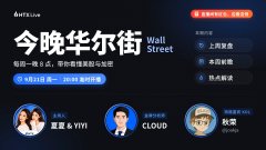 A promotional poster for '今晚华尔街 Wall Street' (Tonight on Wall Street) featuring presenters 亚东 & YIYI, CLOUD, and 秋实.