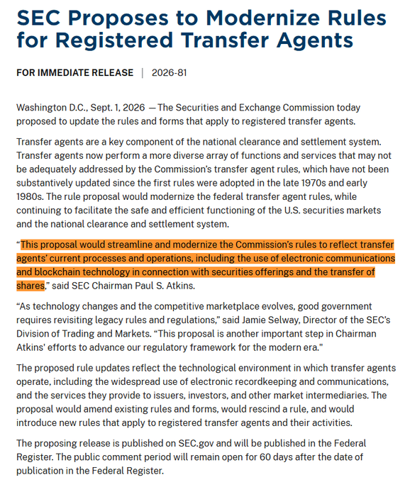 An SEC press release dated Sept. 1, 2026, proposes modernizing rules for Registered Transfer Agents, with a highlighted quote from Chairman Paul S. Atkins.