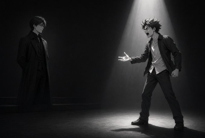 A dramatic black-and-white illustration of two figures in a dark space, with one person in a spotlight appearing to yell or sing passionately toward a quieter figure standing in the shadows.